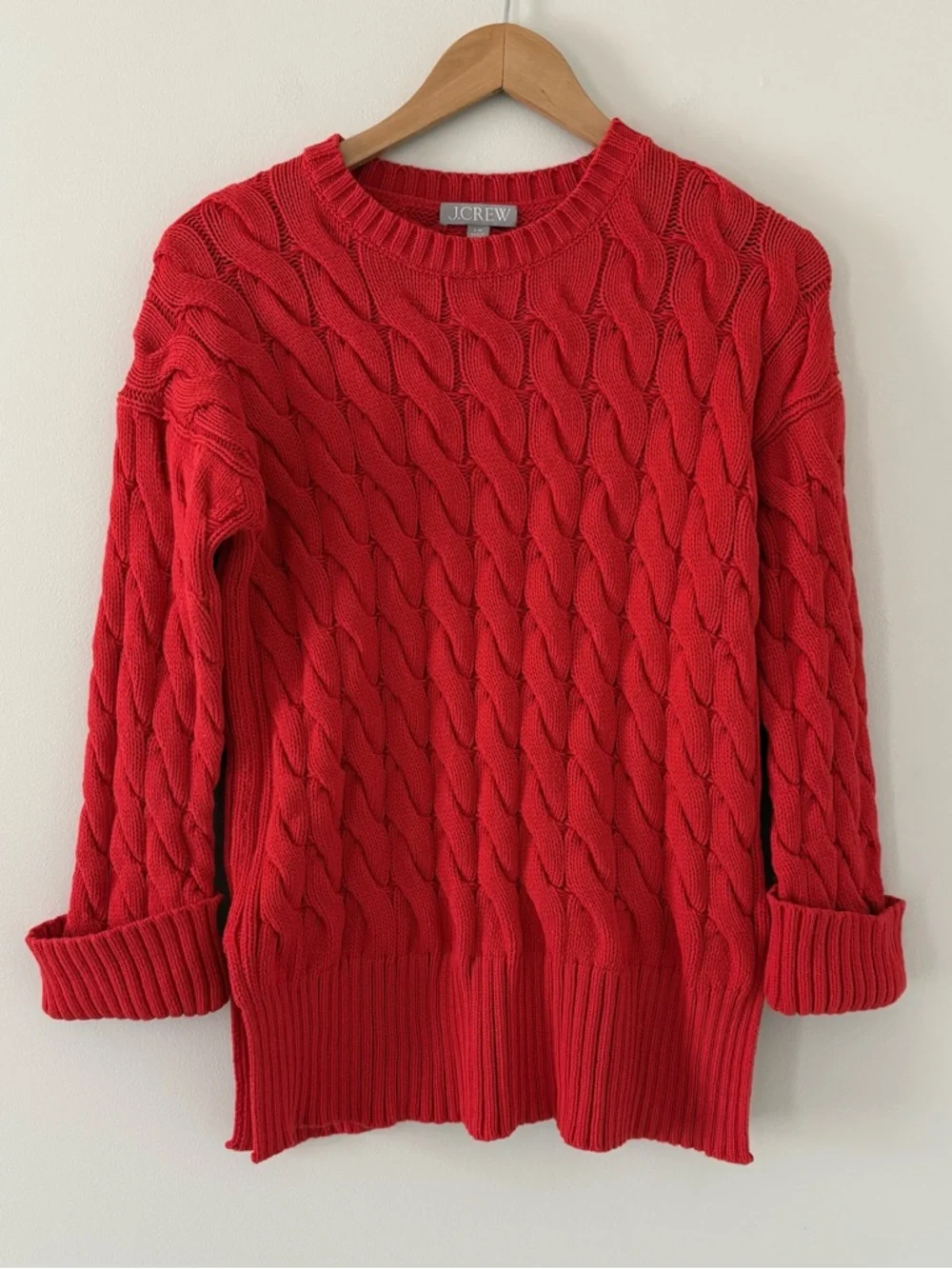 J. Crew Cotton cable-knit side-slit crewneck sweater chunky Size S/M Red‎
